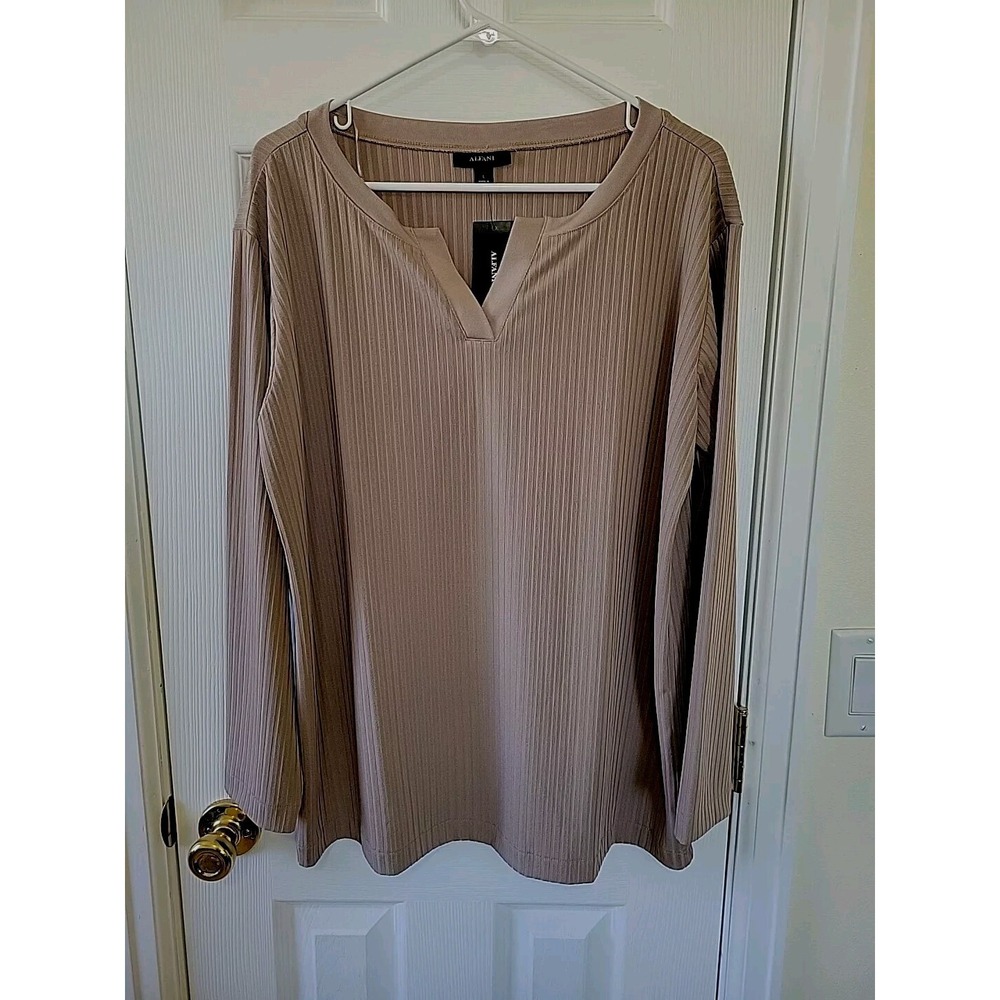 Alfani Womens Ribbed Split Neck Long Sleeve Knit Top Fresh Almond Tan‎ Large